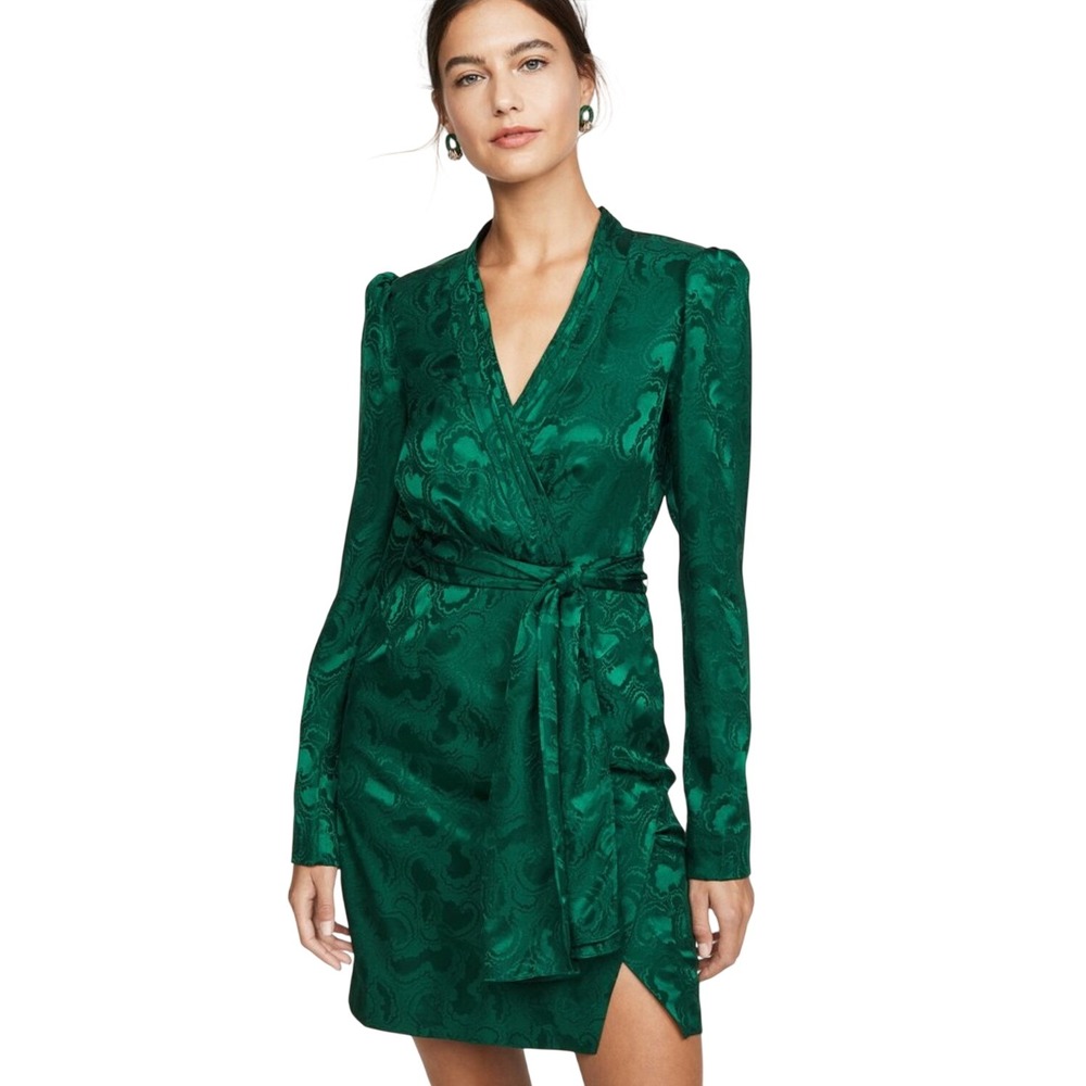Saloni Bibi Silk Jacquard Mini Dress 4 Green Long Sleeve Wrap Tie Jewel Tone